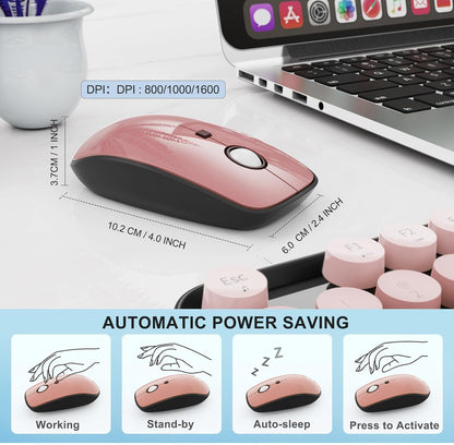 Wireless Keyboard and Mouse Combo, 104 Round Keys Cute Colorful Keyboard and Mouse with Retro Typewriter for PC/Mac/Laptop/Tablet/Computer/Windows Black