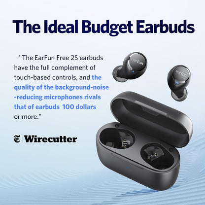 EarFun Free 2S Wireless Earbuds, [Upgraded Version] Bluetooth Earbuds with Deep Bass, 4 Mics for Clear Call, Customizable EQ App, IPX7 Waterproof in-Ear Headphones, 30H Playtime, Wireless Charging