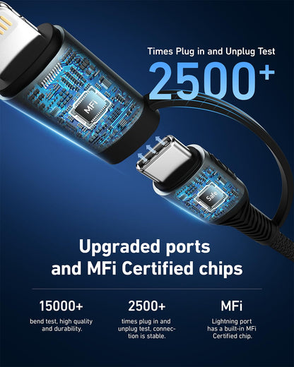 Coiled USB C to Lightning Cable 3FT, 2 in 1 iPhone 15 Charger Cord for Car Nylon Braided Multi Type C to TypeC Fast Charging Cables for iPhone 15 14 13 12 11 iPad, Samsung Galaxy Sony - 1Pack