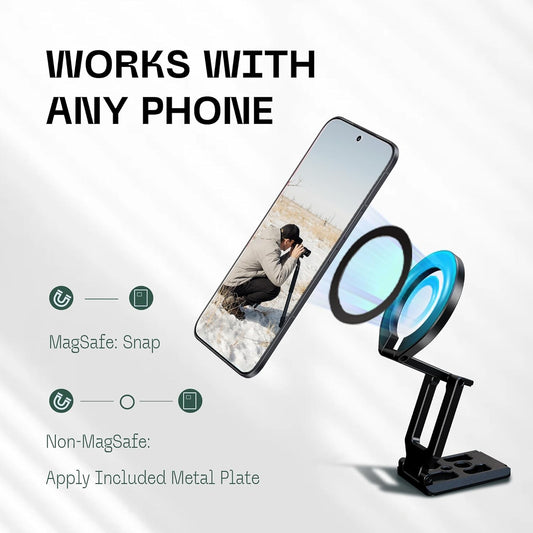 FANAUE MT-05 Magnetic Phone Stand Compatible with MagSafe iPhone Holder for Desk, 360°Rotation Foldable Cell Phone Stand Compatible for iPhone 16 15 14 13 12 Pro Max and MagSafe Case, Black