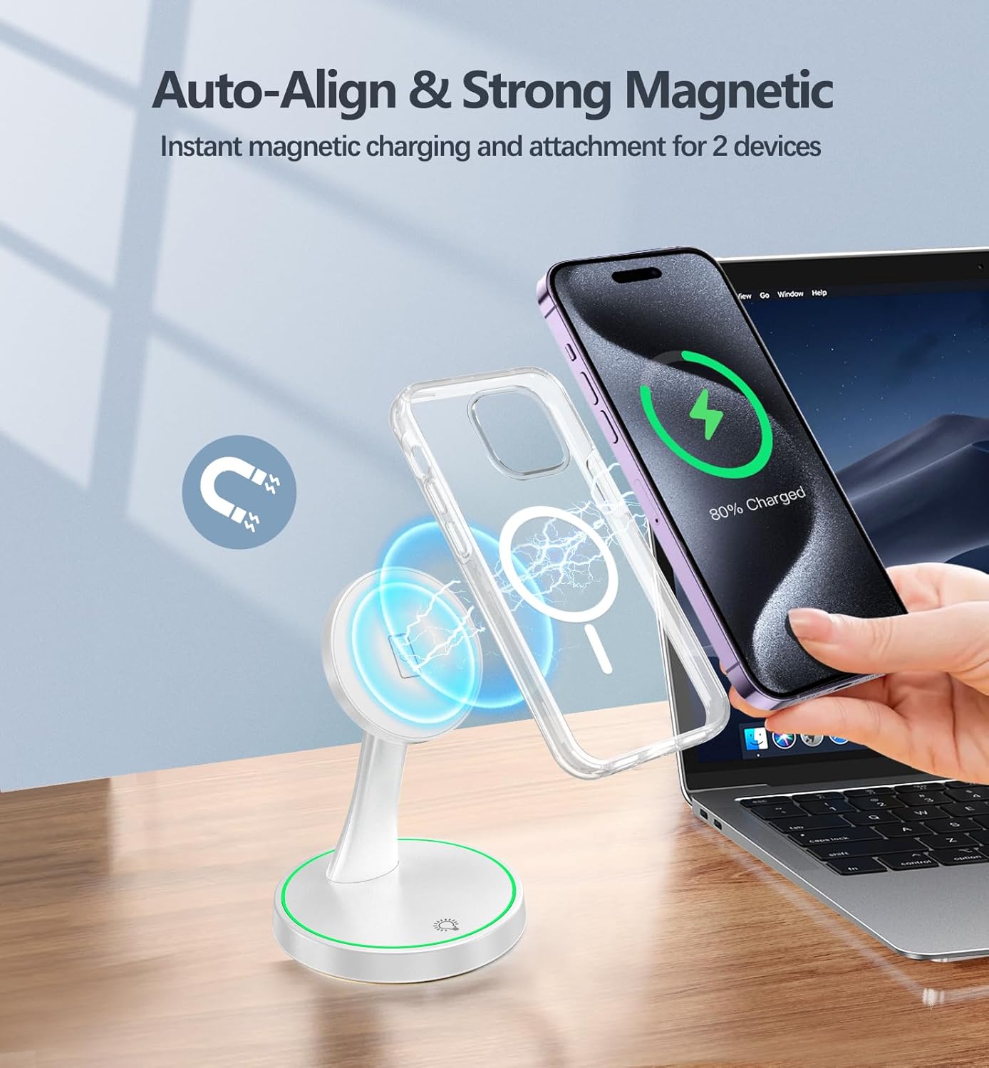 Magnetic Wireless Charger Stand 15W Fast Mag-Safe Charger for iPhone 16/16 Pro/16 Plus/16 Pro Max/15/14/13/12 Series Magnet Wireless Charging Station/Pad with Sleep-Friendly Light for AirPods