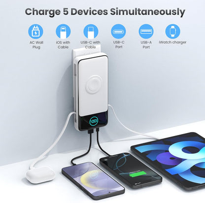 Portable Charger 26800mah for iPhone with Built-in Cables & AC Wall Plug,6-in-1 USB C Power Bank with iWatch Charger,25W PD Fast Charging Battery Pack for iPhone 16/15/14/13/12,Android,Apple Watch etc