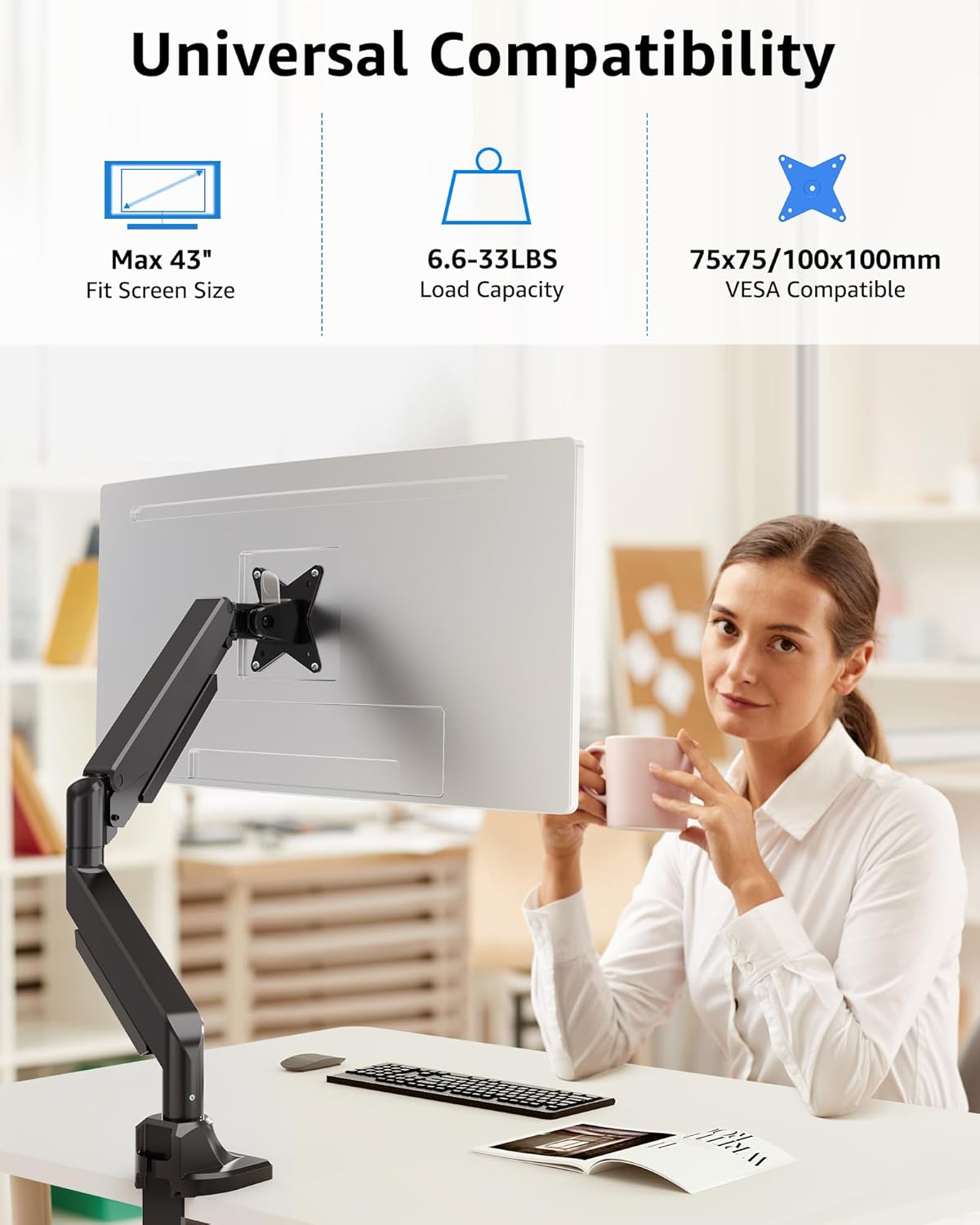 MOUNTUP Single Monitor Mount fits 22''-43'' Ultrawide Screen, Holds 6.6-33lbs, Computer Monitor Arm Desk Mount, Heavy Duty Gas Spring Monitor Stand for Flat/Curved Screen, with C-clamp/Grommet Base