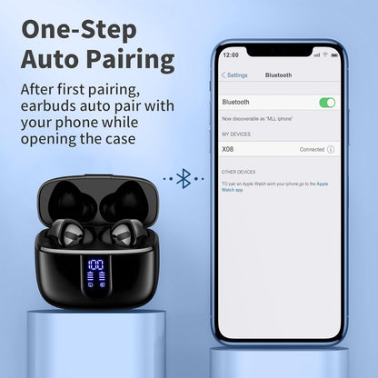 TAGRY Bluetooth Headphones True Wireless Earbuds 60H Playback LED Power Display Earphones with Wireless Charging Case IPX5 Waterproof in-Ear Ear buds with Mic for TV Smart Phone Laptop Computer Sports