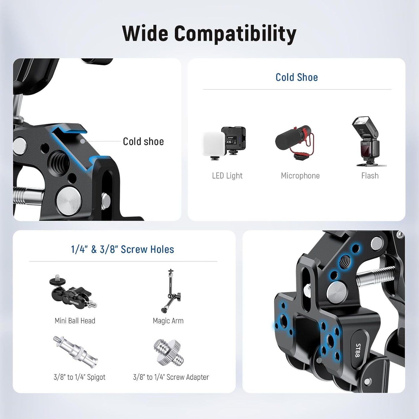 NEEWER Super Clamp with 3" Dual Ballhead Magic Arm, Camera Phone Clamp Mount with 1/4" 3/8" Threads, Cold Shoe, Phone Holder, Action Camera Adapter Compatible with GoPro DJI iPhone 16 15 Pro Max, ST88