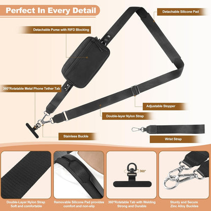 Clip and Go Strap for Phone with Wallet Crossbody, Adjustable Phone Lanyard with Detachable RFID Wristlet Wallet, Black (L)