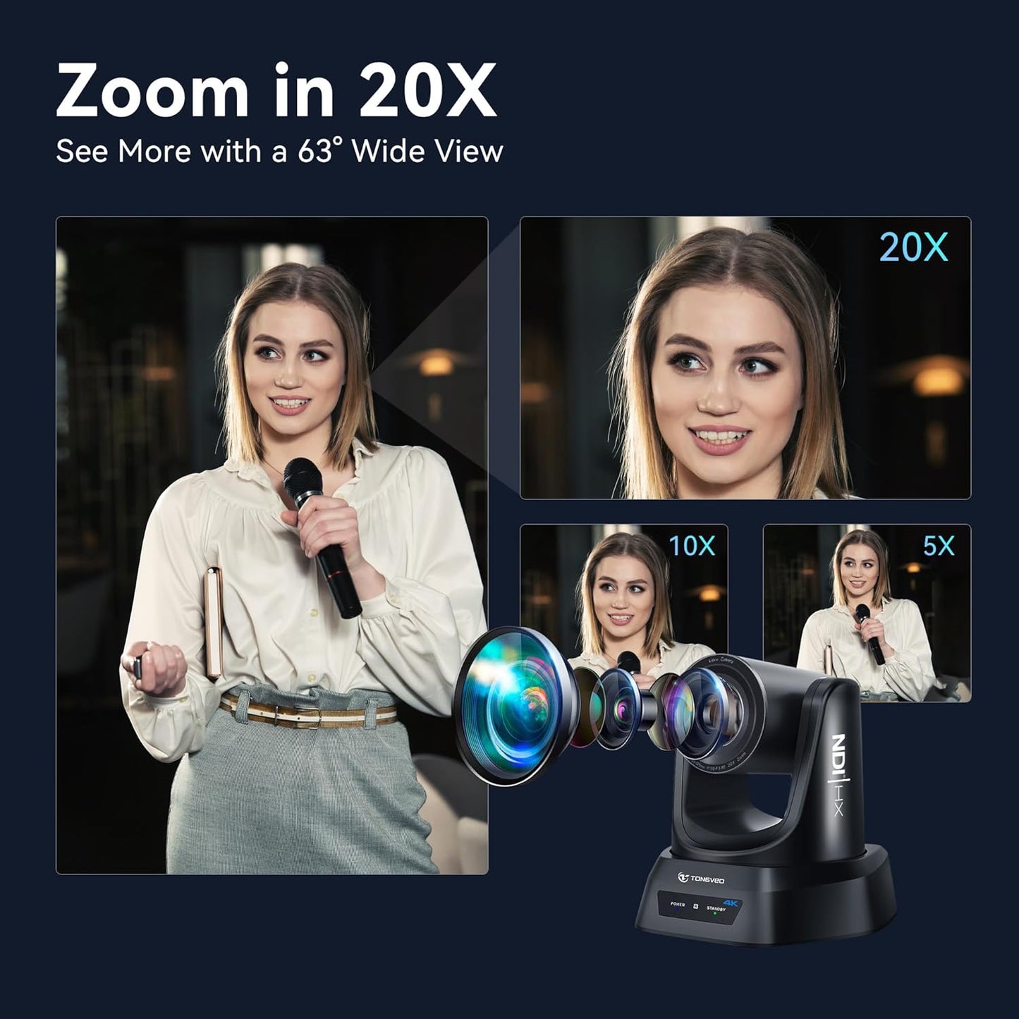 4K NDI PTZ Camera AI Auto-Tracking 20X Optical Zoom HDMI IP Live Streaming SDI USB3.0 PoE LAN Supports for Church Worship Event Video Conference YouTube OBS vMix Zoom Teams and More