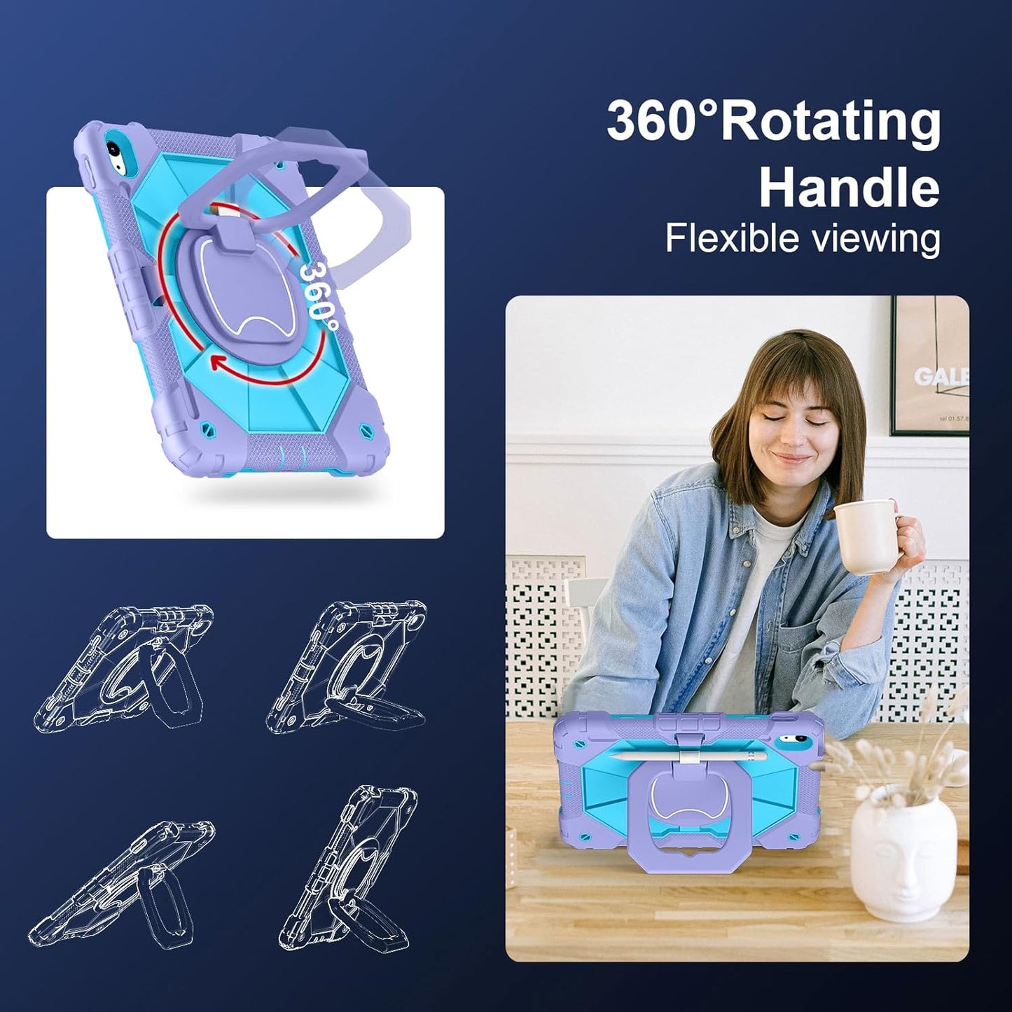 Case for iPad (A16) 11th Generation 11 Inch (2025), iPad 10th Generation Case 10.9 Inch (2022), Shockproof Cover with 360° Rotating Stand Screen Protector Pen Holder Shoulder Strap, Purple Blue