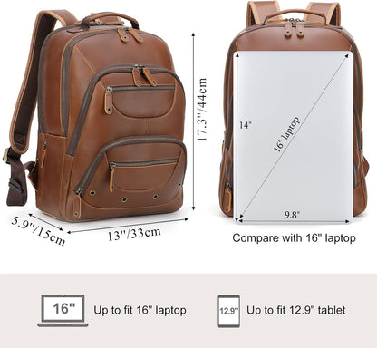 TIDING Brown Leather Travel Backpack for Men, Vintage 16 Inch Laptop Casual Daypack Business Camping Overnight Rucksack