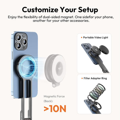 ULANZI MA30 Magnetic Phone Tripod Stand for iPhone - Aluminium Maglock Smartphone Mini Tripod Pocket Cell Phone Stand Strong Magnet Quick Mount Compatible with iPhone 16 15 14 13 12 Series, Dark Gray