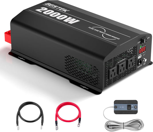 BESTEK 2000 Watt Pure Sine Wave Power Inverter, 12V DC to 110V/120V AC Inverter with 3 AC Outlets, USB & Type-C Port, Remote Controller, Off-Grid Solar Power Inverter 12V to 110V for Home, RV, Truck