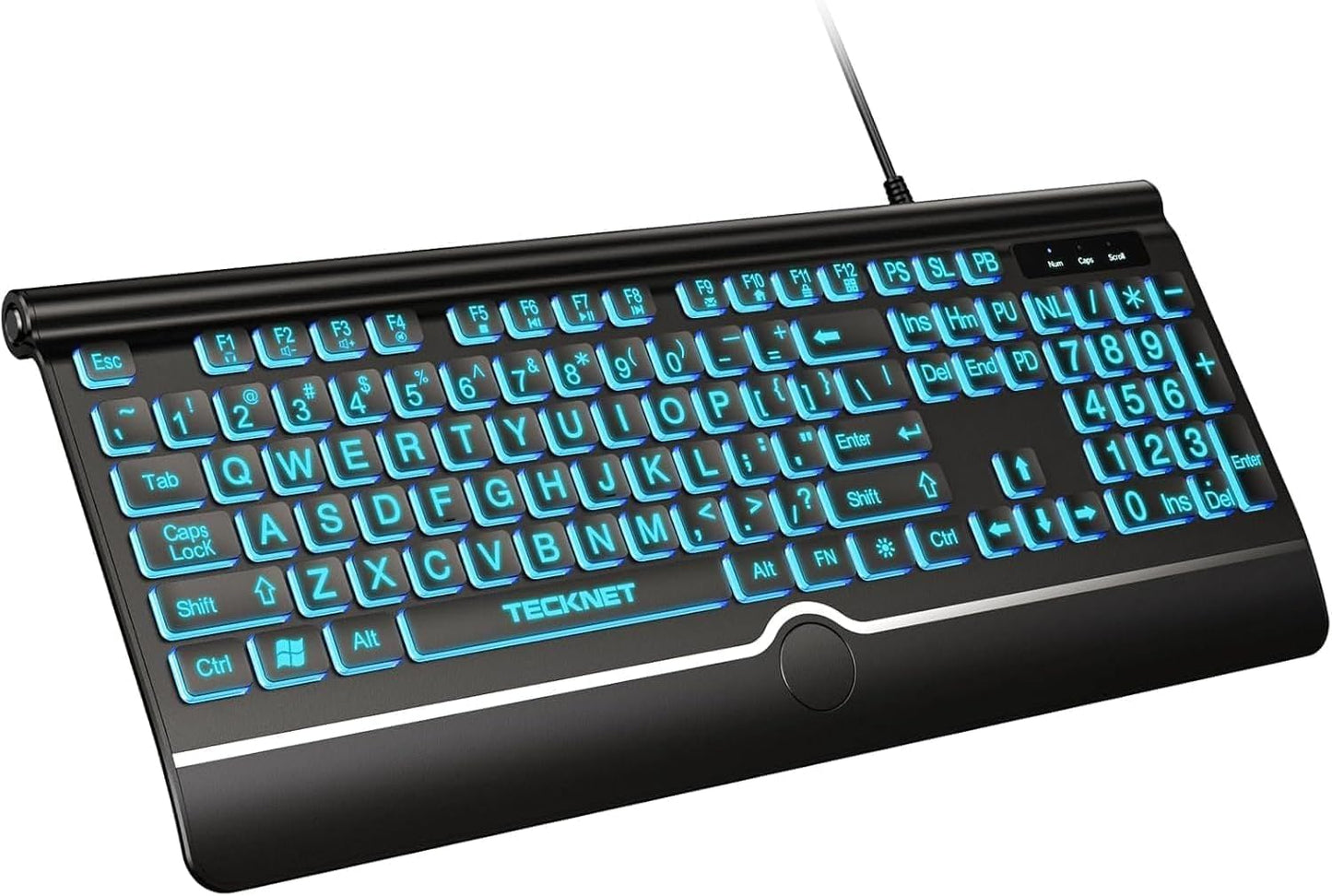 TECKNET Large Print Backlit Keyboard, Wired USB-A Computer Keyboard with Wrist Rest, 7-Color Backlit, Oversized Letter Keys Easy to See, Plug-and-Play, Silent, Foldable Stands for Windows/PC/Laptop