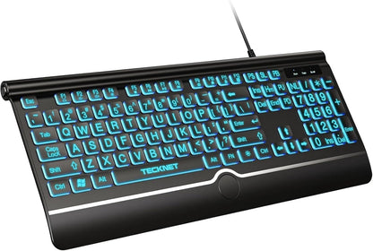 TECKNET Large Print Backlit Keyboard, Wired USB-A Computer Keyboard with Wrist Rest, 7-Color Backlit, Oversized Letter Keys Easy to See, Plug-and-Play, Silent, Foldable Stands for Windows/PC/Laptop