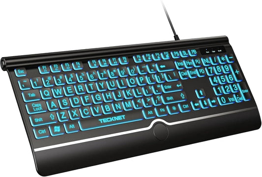 TECKNET Large Print Backlit Keyboard, Wired USB-A Computer Keyboard with Wrist Rest, 7-Color Backlit, Oversized Letter Keys Easy to See, Plug-and-Play, Silent, Foldable Stands for Windows/PC/Laptop