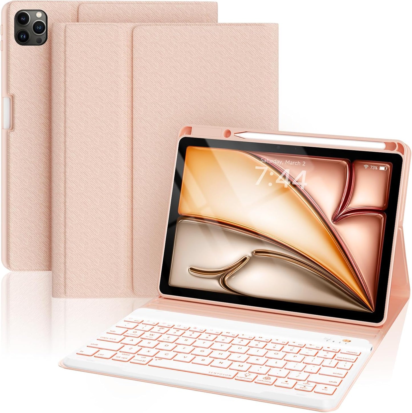 OYEEICE for iPad pro 12.9 case with Keyboard (6th, 5th Generation) & iPad Air 13 inch M2 - Wireless Detachable BT Backlit Magnetic Keyboard, Built-in Pencil Holder, Smart Cover (Pink)