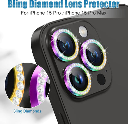AGVEE 3+3 6 Pack for iPhone 15 Pro 6.1" / 15 Pro Max 6.7" Camera Lens Protector, Bling Diamond & Bling Glitter Metal Ring 9H Tempered HD Glass Camera Protector Cover Film, Bling-Colorful