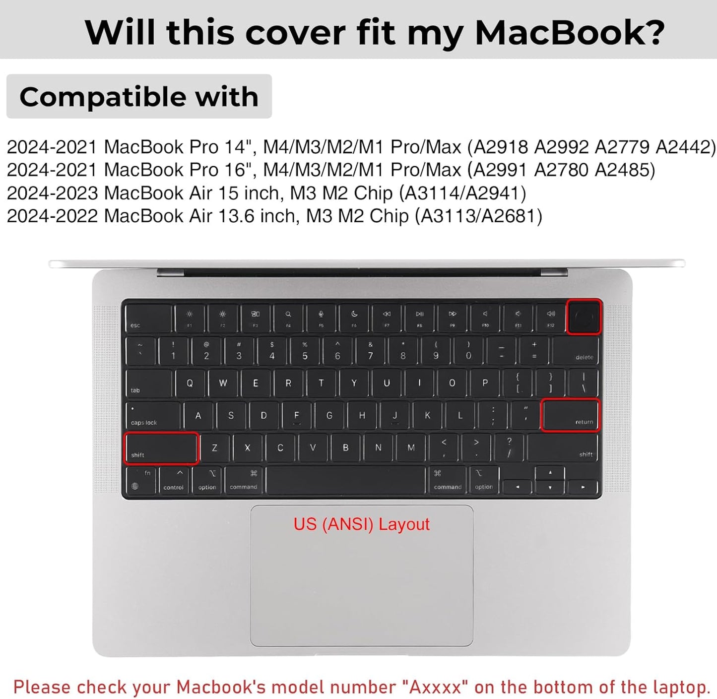 EooCoo Premium Keyboard Cover Skin Ultra Thin Protector Compatible with 2025-2021 MacBook Air 15" 13.6" M4 M3 M2 Chip, MacBook Pro 14" 16" M4 M3 M2 M1 Pro Max Chip, Tinted