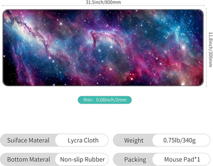 Dynippy Thin Extended Gaming Mouse Pad （31.5 * 11.8 * 0.08 inch） with Stitched Edges Large Mousepad Long XXL Keyboard and Mouse pad Desk Mat for Gaming Office & Home - Galaxy Nebula Space