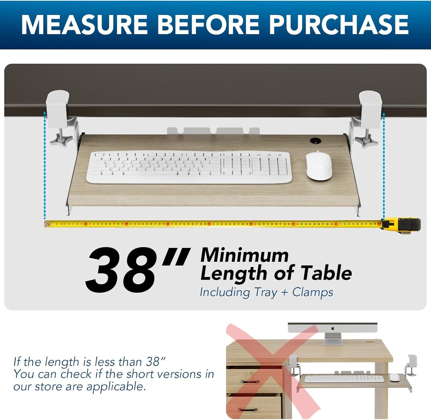 AX WABER Keyboard Tray Under Desk Pull Out with Extra Sturdy C Clamp Mount System, 27.3 (32.5 inch Including Clamps) x 11 Inch Slide-Out Platform Computer Drawer for Typing Grain AX01WG01