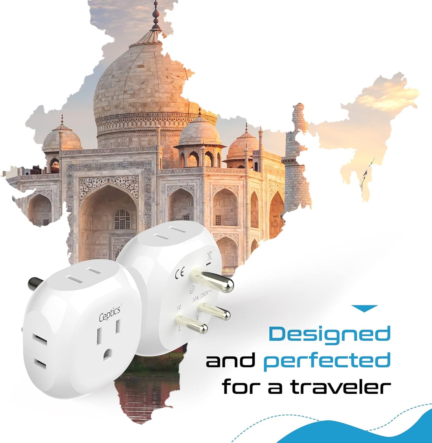 Ceptics India, Pakistan Travel Adapter - 4 Input - Ultra Compact - Light Weight - USA to Any Type D Countries Such as Bangladesh, Maldives and More - 2 Pack (PT-10)