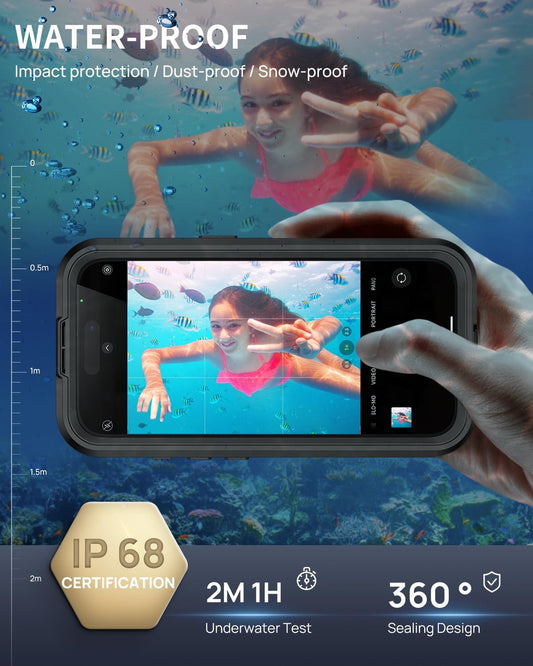 Lanhiem Magnetic for iPhone 16 Case, IP68 Waterproof Dustproof Case, [Compatible with Magsafe] [Built-in Screen Protector] Full Body Heavy Duty Rugged Phone Cover 6.1 inch, Black/Clear