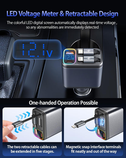 247W Retractable Car Charger with Voltage Monitor&Multicolored Light,5 in 1 USB C Car Charger with 2 Retractable Cable for iPhone 16 15 Pro Max Plus,Laptop,MacBook Air/Pro,Samsung Galaxy S25 S24,iPad