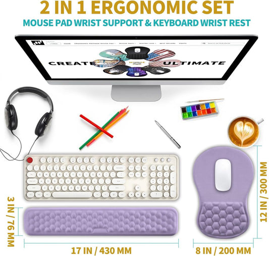 Hokafenle 2 in 1 Ergonomic Mouse Pad Wrist Support & Wrist Rest for Computer Keyboard Set, with Relieve Carpal Tunnel Pain Massage Bulge and Full Memory Gel Design (2In1 Set, Lavender)