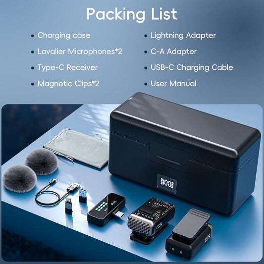 Microphone for iPhone with Charging Case Mini Microphone Wireless Lavalier USB C Lapel Mic Clip on Mic for iPhone, iPad, Android for Video Recording, Vlog, YouTube, TikTok