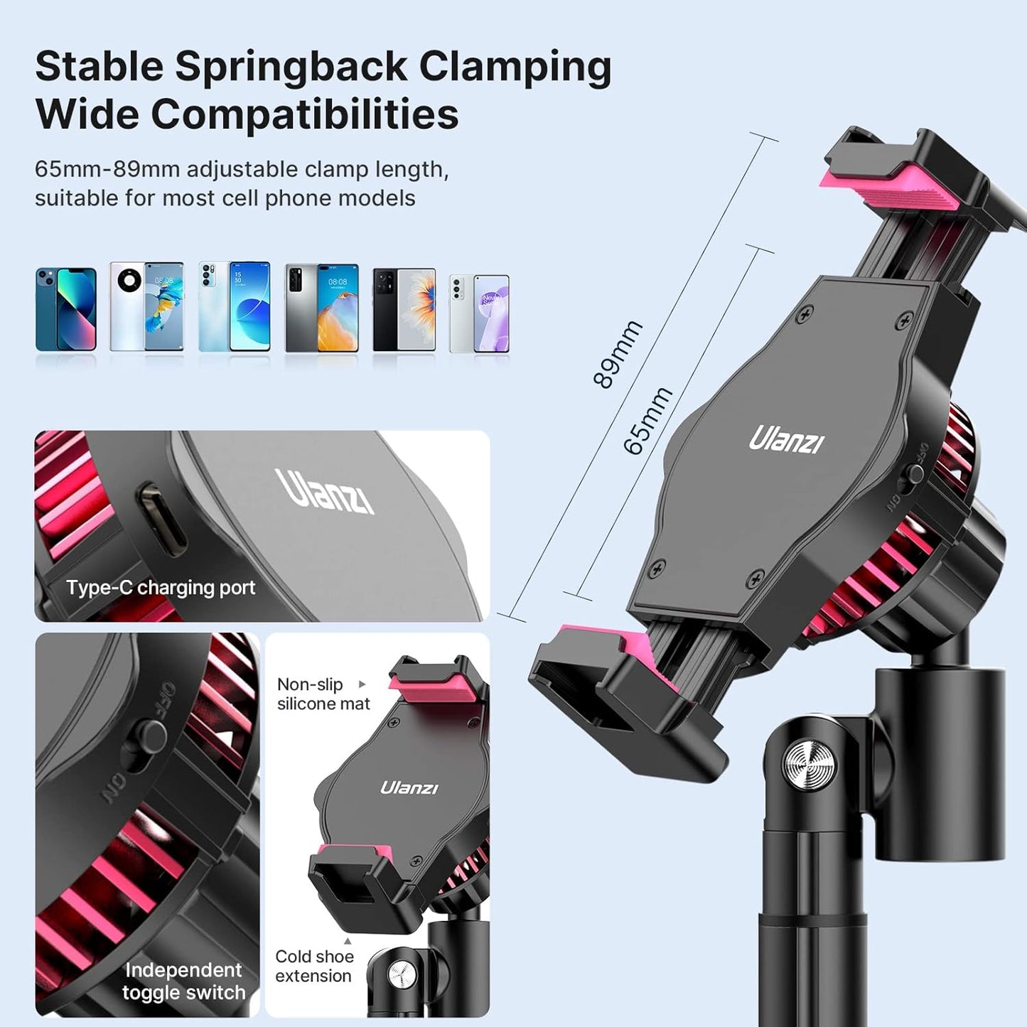 ULANZI SK-06 Cell Phone Stand with Phone Cooler, Desktop Phone Live Streaming Solution with Phone Cooling Fan, Height Adjustable Phone Cooler Stand Compatible with All Mobile Phones, iPhone & Android