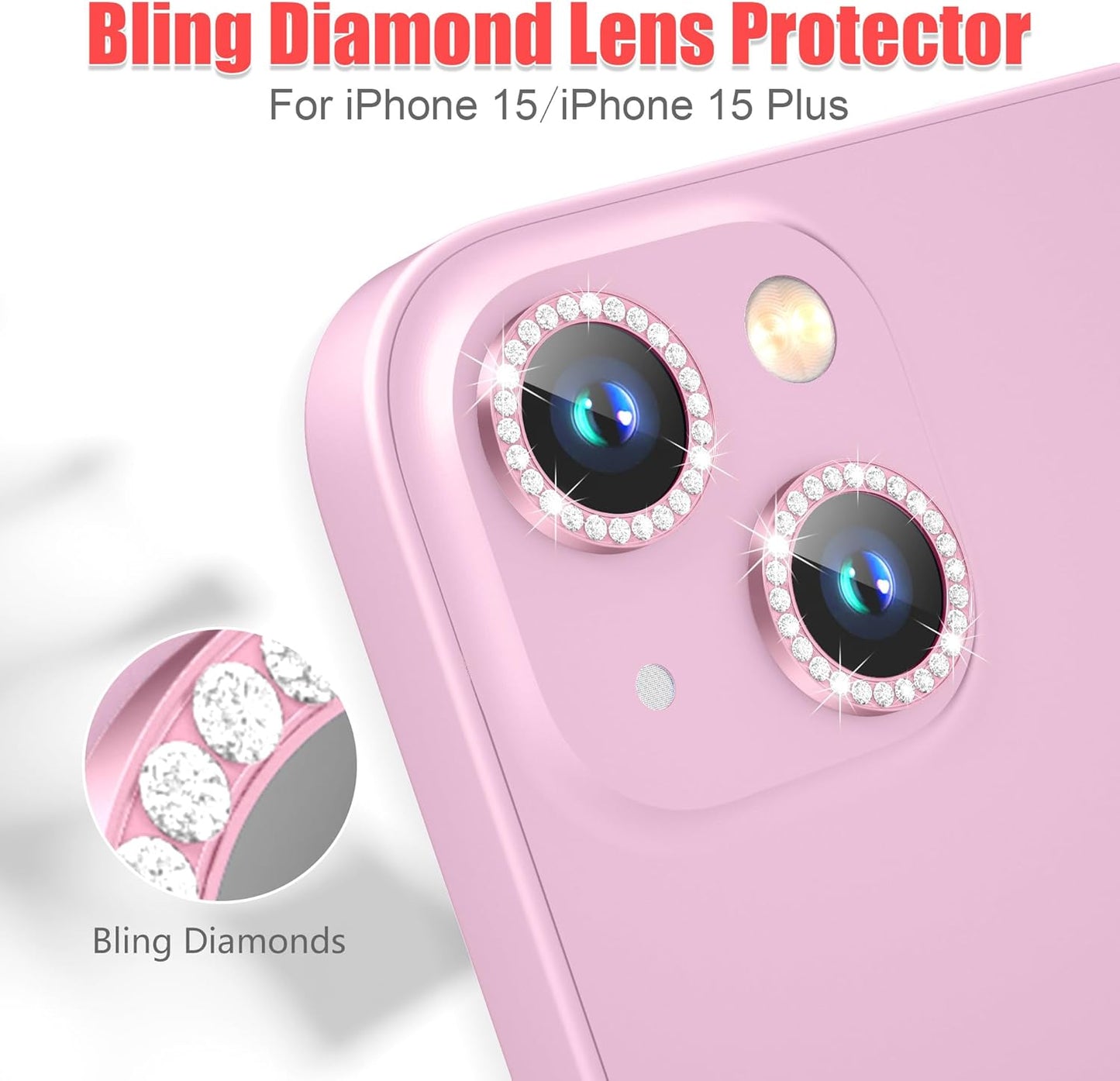 AGVEE 3+3 6 Pack Camera Lens Protector Compatible with iPhone 15/15 Plus, Bling Diamond & Glitter Metal Ring 9H Tempered HD Glass Camera Protector Cover Film, Bling-Pink