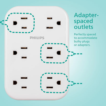 Philips EZFit 6-Outlet Surge Protector Outlet Extender, Wall Tap, Grounded Widely Spaced Outlets, 900 Joules, for Home Office Dorm Essentials, White, SPP6602W/37