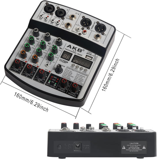 Dj Mixers 4 Channel Audio Mixer Sound Board with Bluetooth, Usb Audio Interface with 48V Phantom Power Sounds Mixer Board with 99 DSP FX Reverb Delay Effect