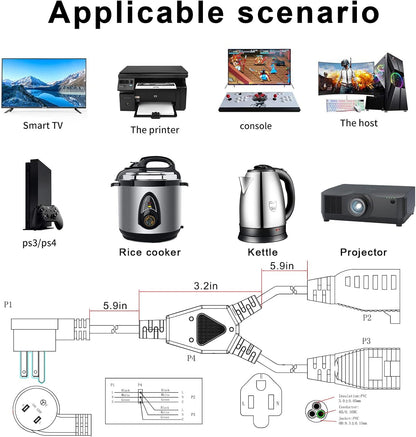 Power Extension Cord Y Splitter - 1FT Right Angled Type Flat Plug NEMA 5-15P 1 to 2 Way Outlet NEMA 5-15R SJT 16AWG 3 Prong Low Profile Black AC Power Cable Wire Extender for TV Computer Monitor