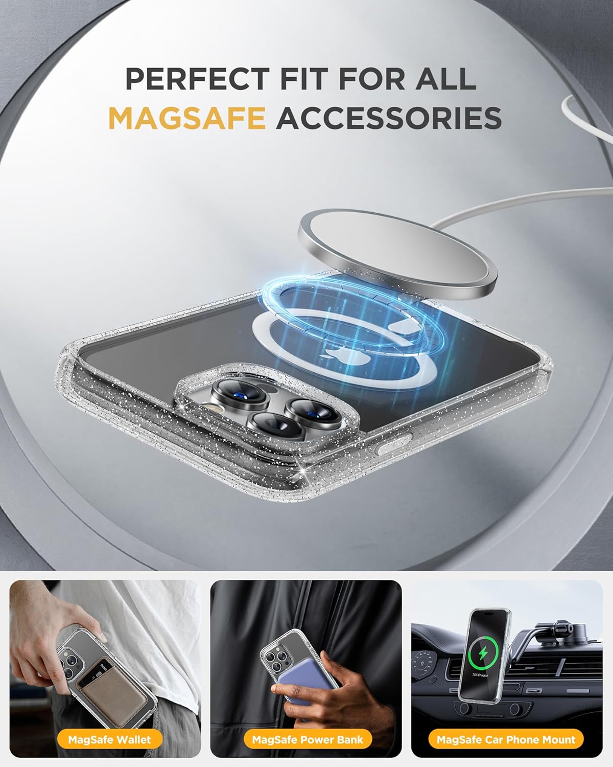 Miracase Magnetic for iPhone 15 Pro Max Case 6.7'' [Compatible with Magsafe] Full-Body Drop Proof Phone Case for iPhone 15 Pro Max with Built-in 9H Tempered Glass Screen Protector,Clear Glitter
