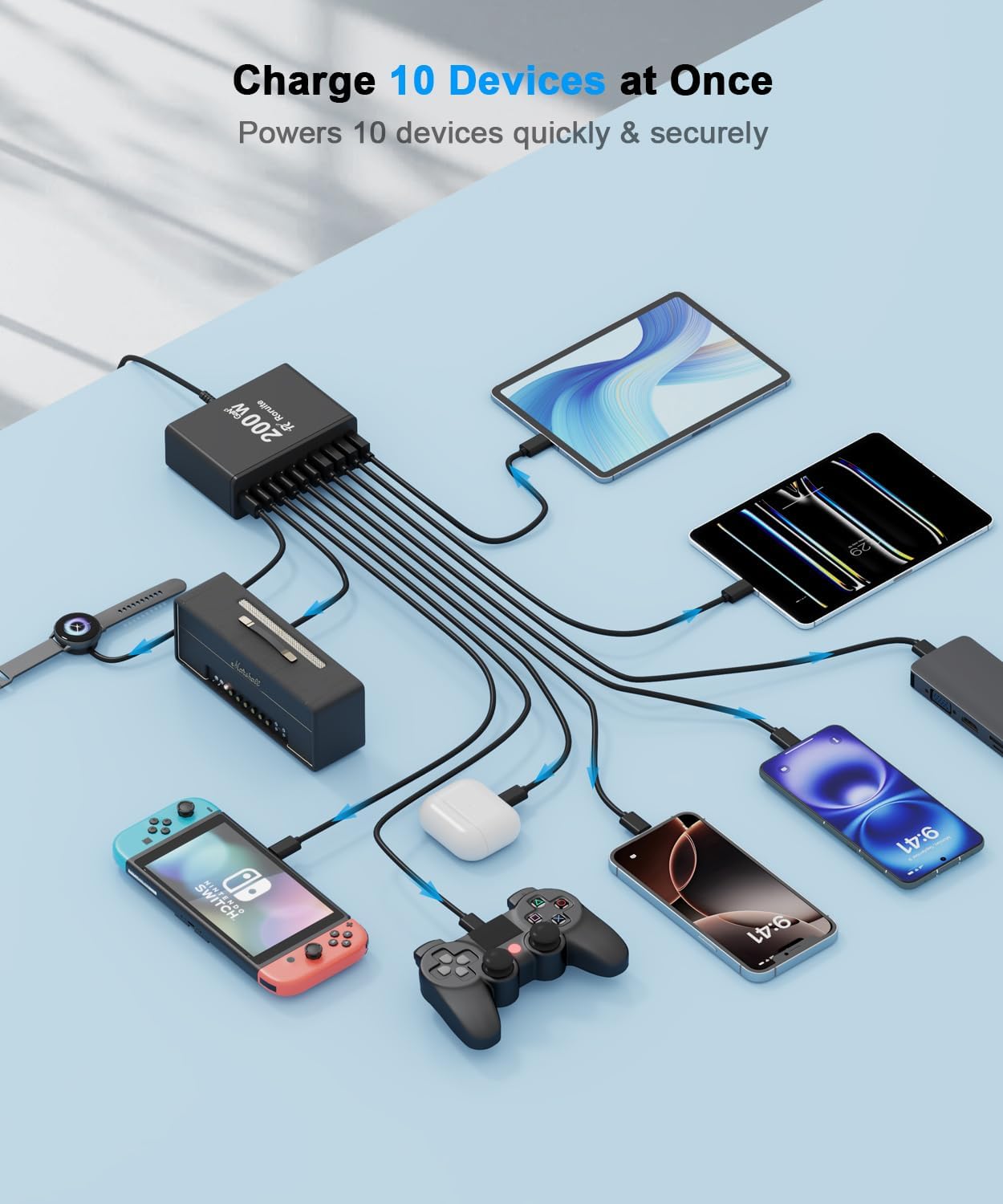USB C Fast Charger Station with 4 USB Cables, 200W GaN 10 Port Type C Charging Station Hub Block Cube, Wall Charger Power Strip Adapter Plug for iPad iPhone 16 15 14 13 12 Pro Max Pixel Note Galaxy