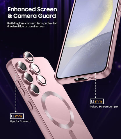 Magnetic for Samsung Galaxy S24 Plus Case [Compatible with MagSafe][Built-in Camera Lens Protector] Slim Soft Silicone Bumper Shockproof Metallic Luster Phone Case (Rose Gold)