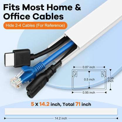 ZhiYo Cord Hider 71in, Cord Covers for Wires on Wall, Cable Hider for Wall Mounted TV, Wire Cover for 2-4 Cords, Paintable Wire Concealer, Easy Cable Management, 5 x L14in W0.95in H0.55in, White