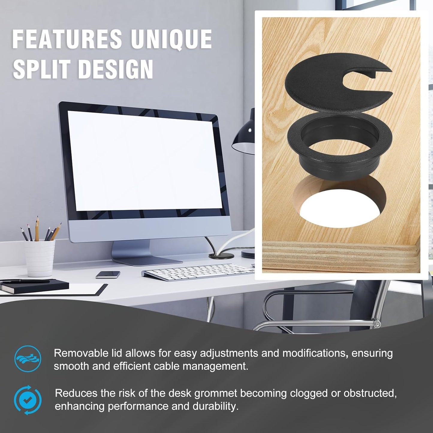 2" Black Desk Grommet with Bi-Metal Hole Saw, JTemgle Plastic Cable Hole Cover Computer Table Cord Wire Organizer Caps, Desktop Cord Management for Home Office TV Stands Tabletops, 13 Pieces