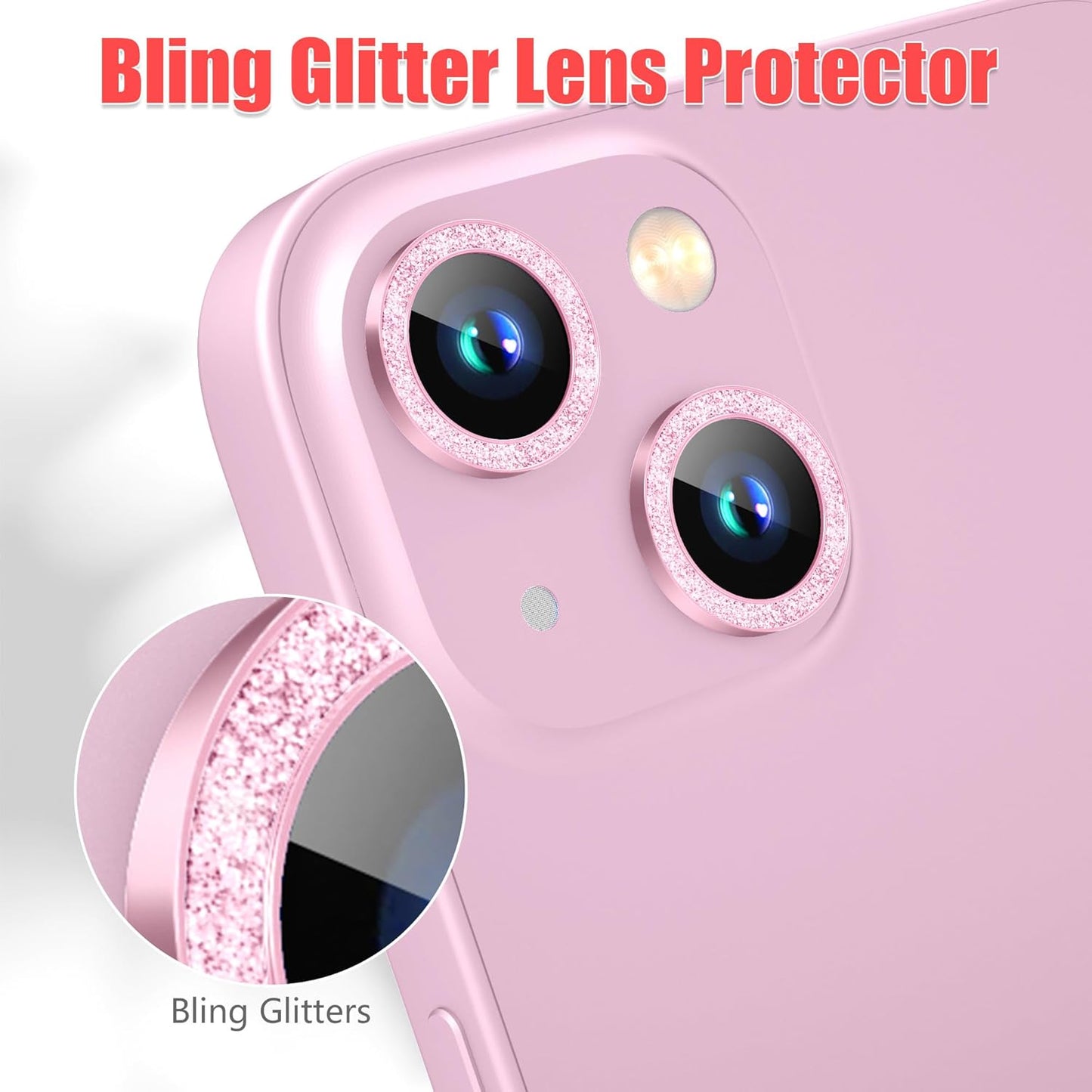 AGVEE 3+3 6 Pack Camera Lens Protector Compatible with iPhone 15/15 Plus, Bling Diamond & Glitter Metal Ring 9H Tempered HD Glass Camera Protector Cover Film, Bling-Pink