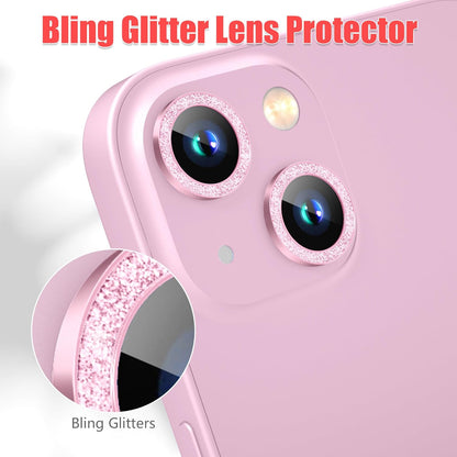 AGVEE 3+3 6 Pack Camera Lens Protector Compatible with iPhone 15/15 Plus, Bling Diamond & Glitter Metal Ring 9H Tempered HD Glass Camera Protector Cover Film, Bling-Pink