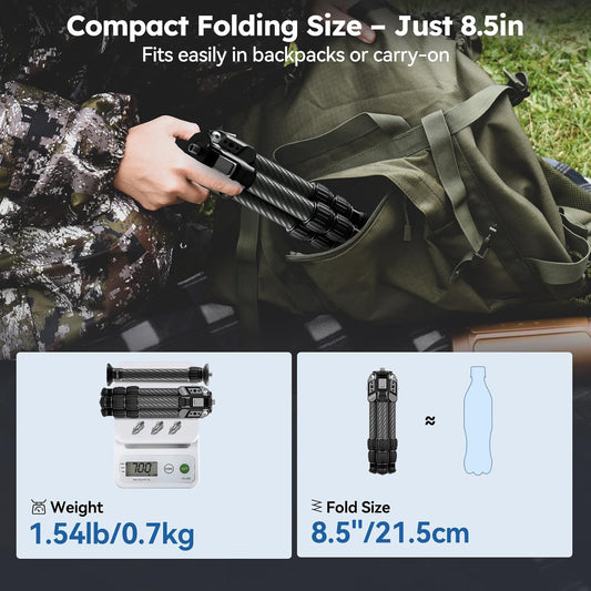 SIRUI Mini Carbon Fiber Tripod with Extendable Center Column, Max Height 26", Supports 33lbs - Ultra-Light 1.7lbs for Desk & Travel, New Anti-Corrosion Carbon Fiber(AM-223S+SL-100S)