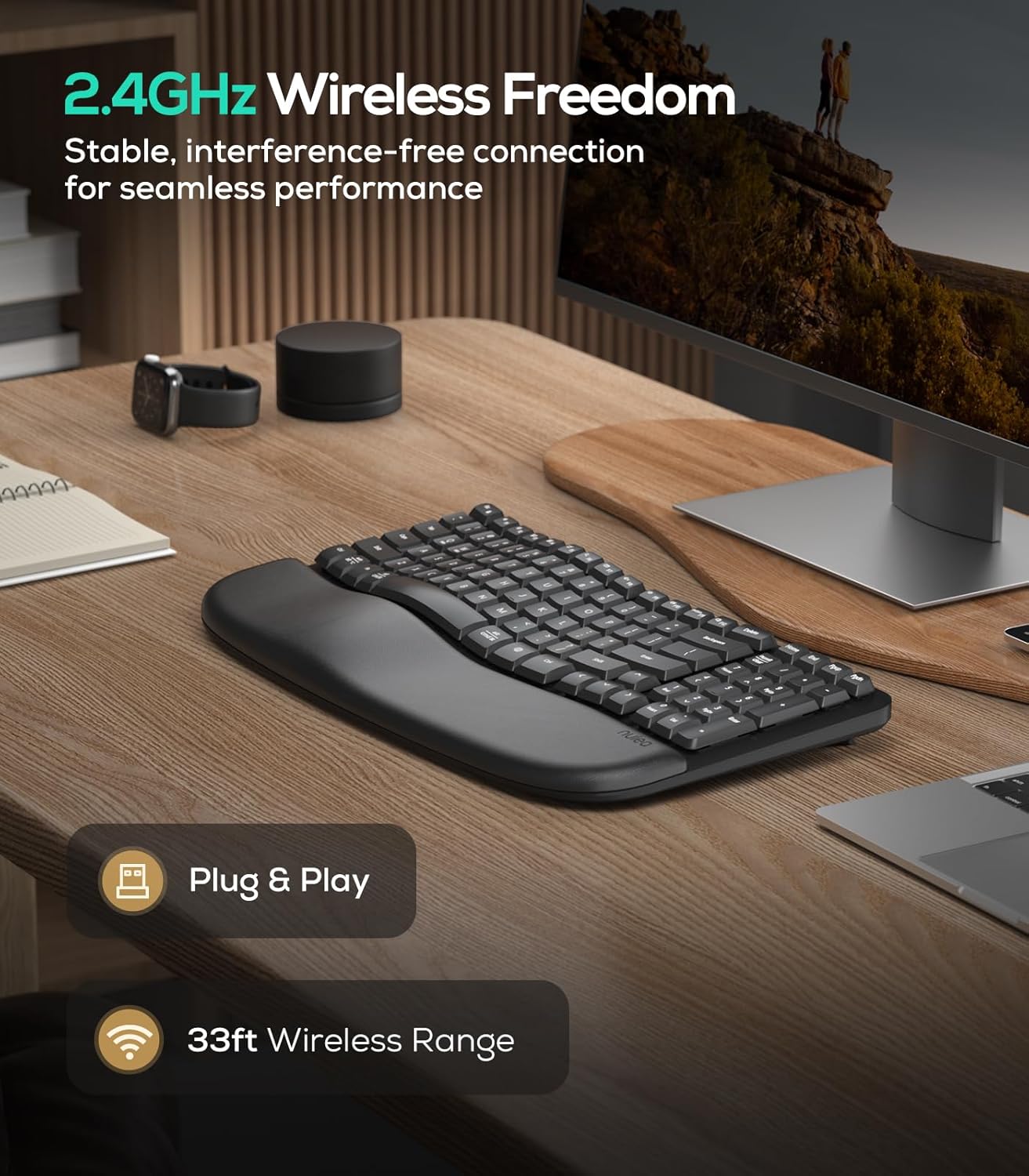 Nulea RT08 Wave Keys Wireless Ergonomic Keyboard with Cushioned Palm Rest, 2.4GHz Ergo Cordless USB Computer Keyboard, Comfortable Natural Typing, for Laptop, Mac, Windows Black