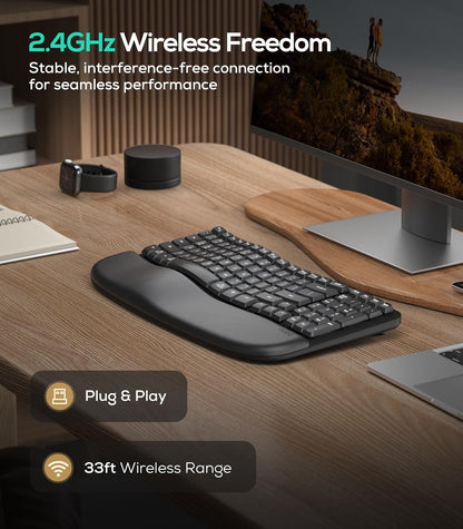 Nulea RT08 Wave Keys Wireless Ergonomic Keyboard with Cushioned Palm Rest, 2.4GHz Ergo Cordless USB Computer Keyboard, Comfortable Natural Typing, for Laptop, Mac, Windows Black