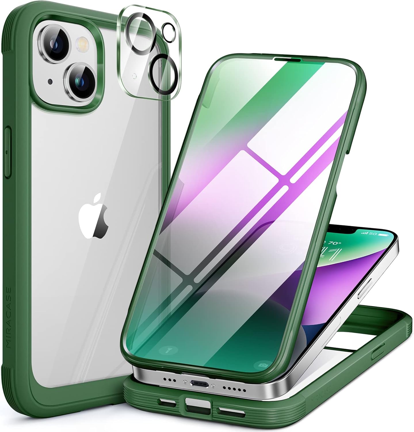 Miracase Glass Series Designed for iPhone 14 Plus Case 6.7 inch, 2023 Upgrade Full-Body Clear Bumper Case with Built-in 9H Tempered Glass Screen Protector and Camera Lens Protector,Green