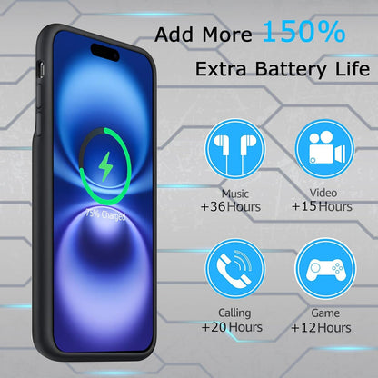 Battery Case for iPhone 16, Upgraded 10000mAh Ultra-Slim Rechargeable Portable Extended Battery Pack Support Qi Wireless Charging Case Compatible with iPhone 16 (6.1 inch) Charger Case Cover(Black)