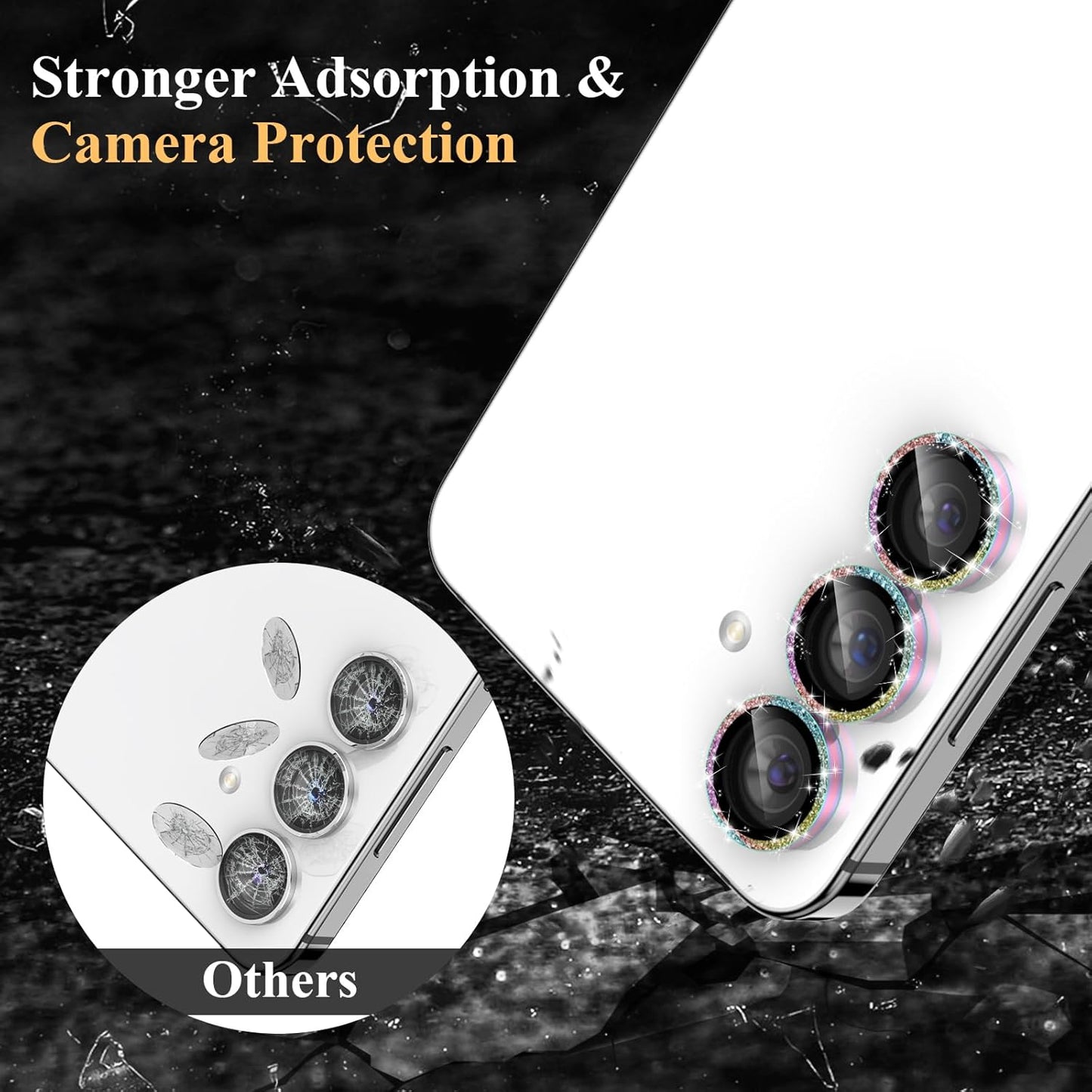 YWXTW Camera Lens Protector for Samsung Galaxy S24 / S23 / S23 Plus, [NOT for S24 Plus] 9H Tempered Glass Metal Individual Ring Camera Screen Protector for S24 Accessories (Colored Glitter)