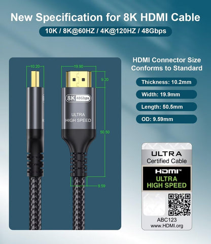 Certified 10K 8K HDMI 2.1 Cable 25 FT, 48Gbps Ultra High Speed HDMI Cable with Ethernet 4K 240Hz 165Hz 144Hz 120Hz 8K60Hz eARC HDCP2.3 HDR10+ PC Laptop TV Monitor Projector