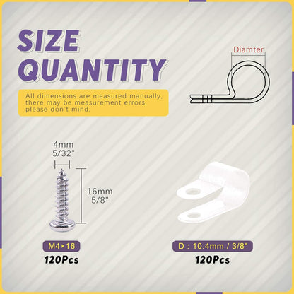 Swpeet 120 Pack White 3/8 Inch Nylon Plastic R-Type Cable Clips Clamp Kit, Nylon Screw Mounting Cord Fastener Clips with 120 Pack Screws for Wire Management (3/8 Inch, White)