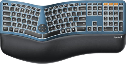 ProtoArc Backlit Bluetooth Ergonomic Keyboard, EK01 Plus Full Size Wireless Split Keyboard with Dual Bluetooth and USB, Cushioned Wrist Rest, Rechargeable, Compatible with Windows/Mac/Android, Blue