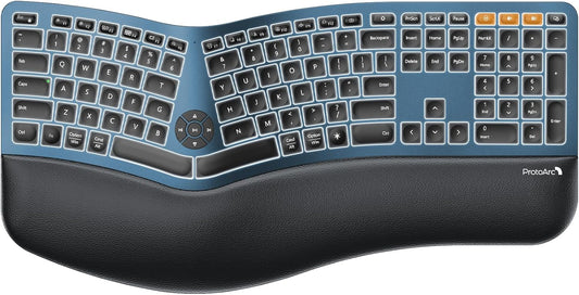 ProtoArc Backlit Bluetooth Ergonomic Keyboard, EK01 Plus Full Size Wireless Split Keyboard with Dual Bluetooth and USB, Cushioned Wrist Rest, Rechargeable, Compatible with Windows/Mac/Android, Blue